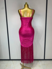 Ruched spaghetti strap tassel hem midi dress back view
