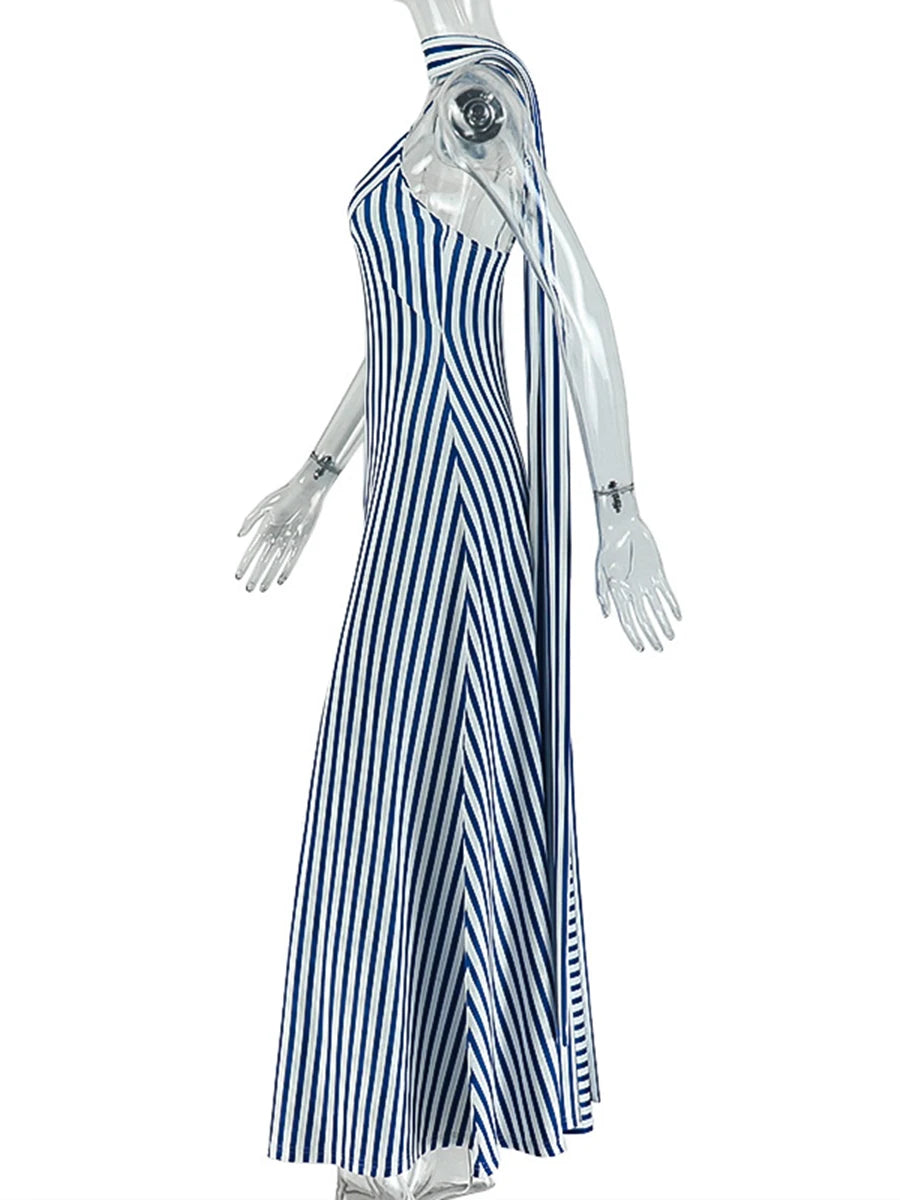 Mannequin wearing a blue and white striped dress on a white background
