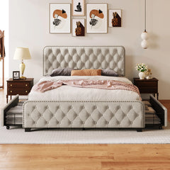 Four Drawers Button Tufted Headboard Footboard Metal Bed Frame