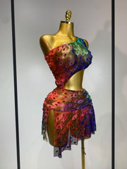 Sheer crystal one-shoulder mini dress cut-out detail
