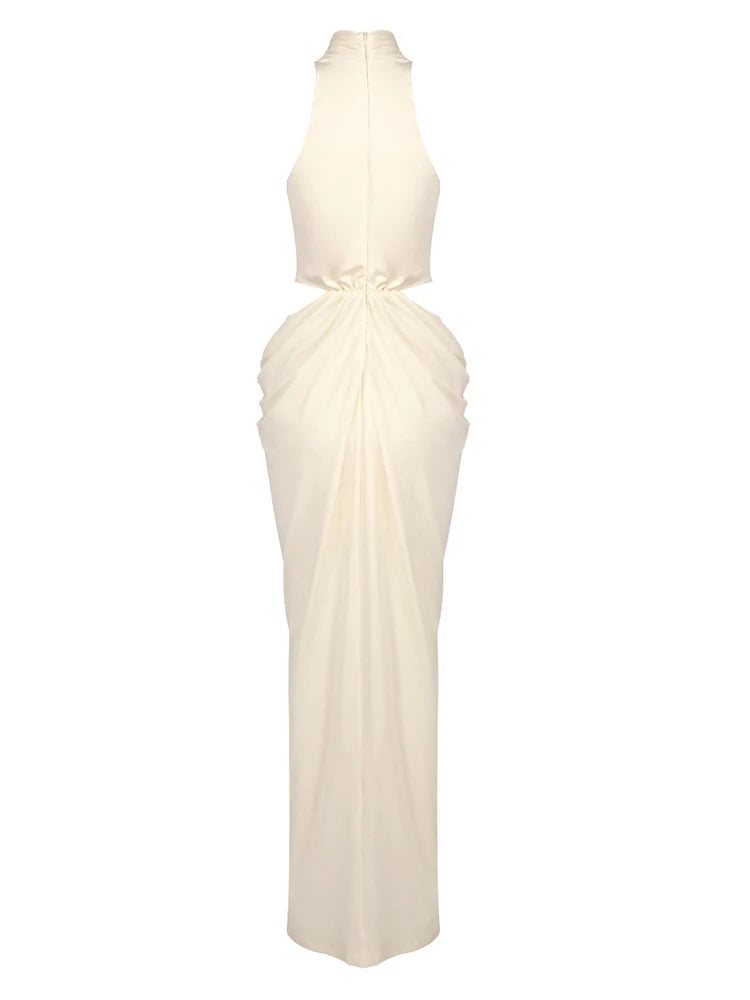 Elegant white evening gown with a draped design on a white background