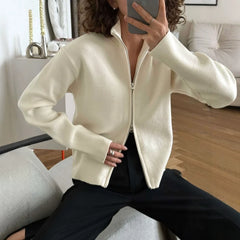 White zip-front stand collar knit jacket