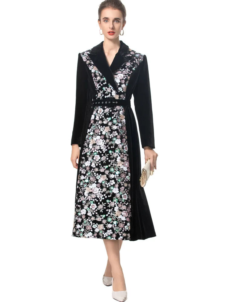 Velvet floral embroidered v-neck midi dress worn by a model