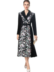 Velvet floral embroidered v-neck midi dress worn by a model