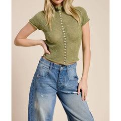 Button Decor Sheer Mock Neck Knit Top