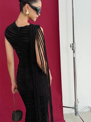 Back view of a black pleated sleeveless maxi dress