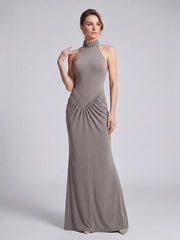 Diamond embellished halter neck ruched floor length gown