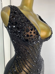 Deep Neck Embellished Mesh Sheath Mini Dress