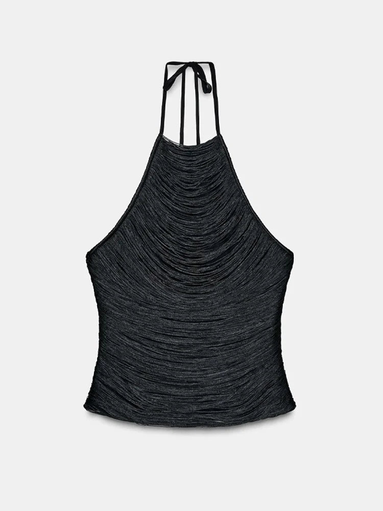 Black halter top with ruched design on a light gray background
