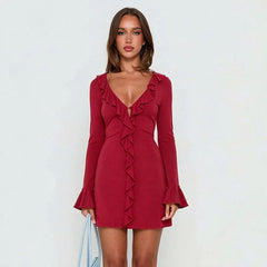 Ruffle V-Neck Long Sleeve Mini Dress