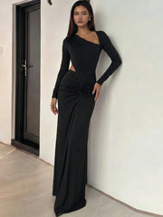 Asymmetrical one-shoulder maxi dress with long sleeves and ruched waist detail