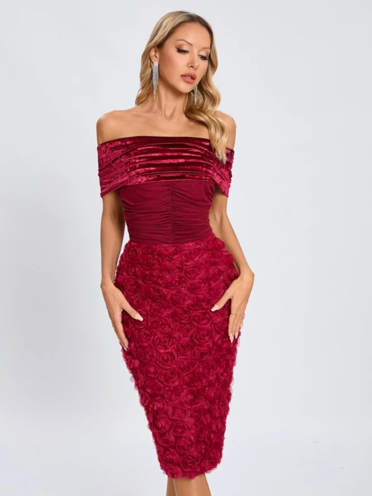 Woman wearing a red off-shoulder dress with a white background