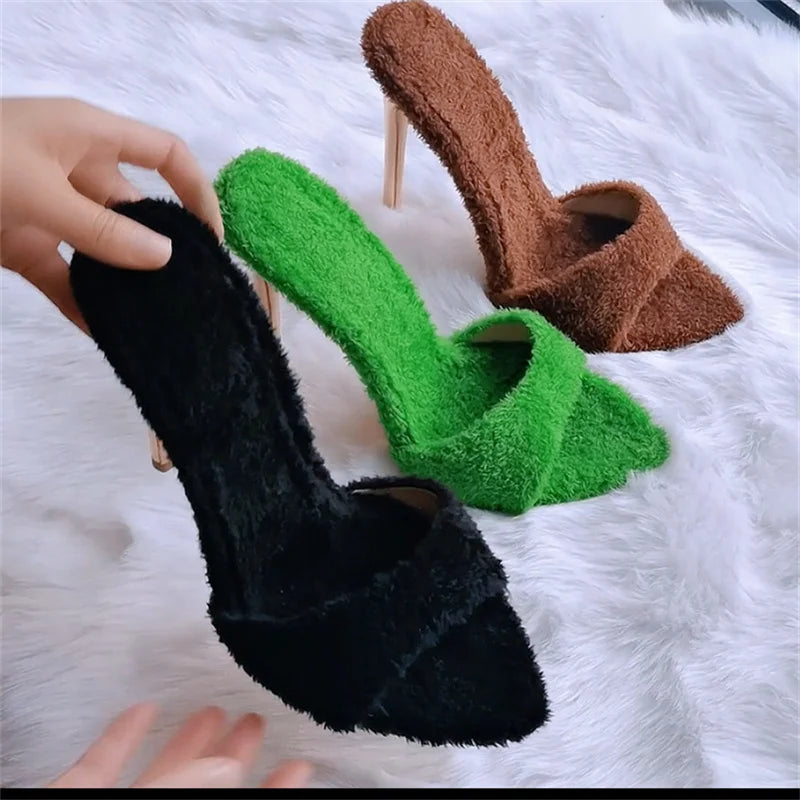 Black fluffy pointed toe stiletto heels
