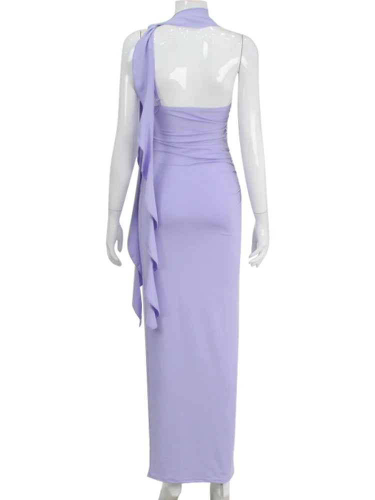 Lavender dress on a mannequin against a white background