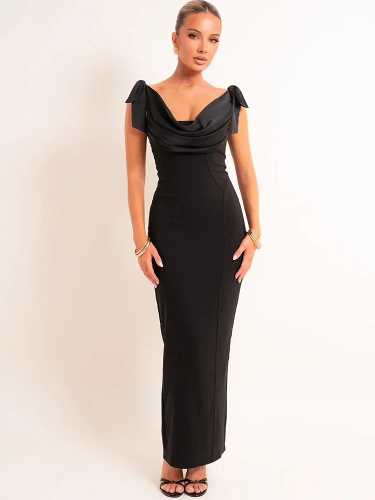 Black draped cowl bow shoulder maxi dress