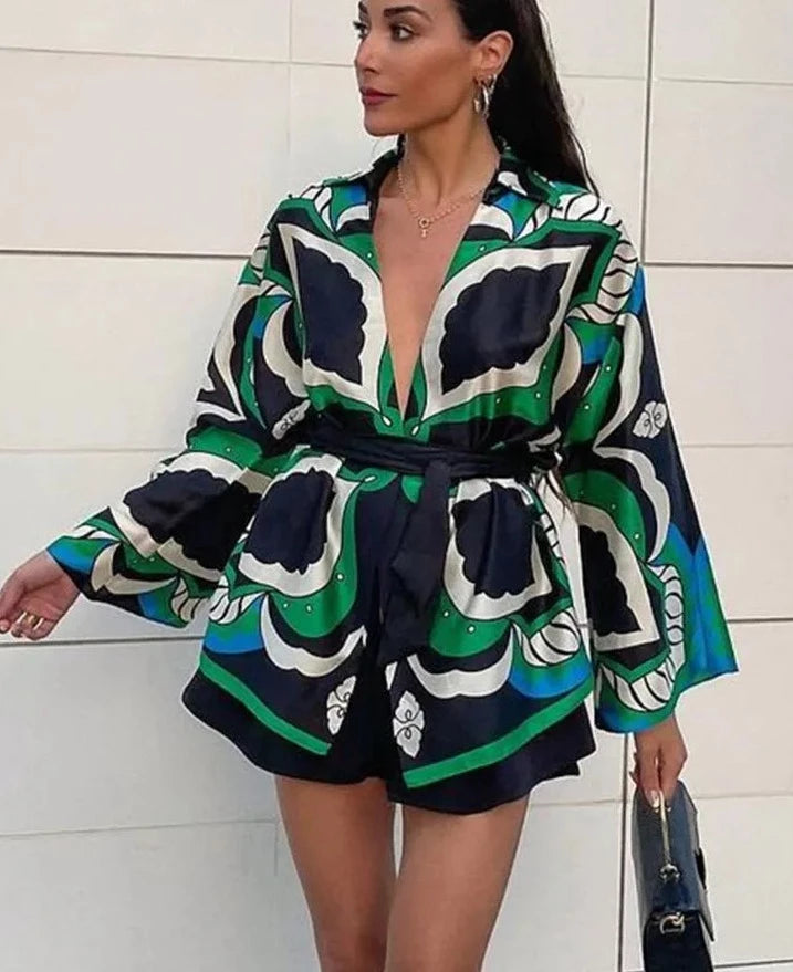 Oversized Green Print Shirt Short Pant Three Pieces Suit