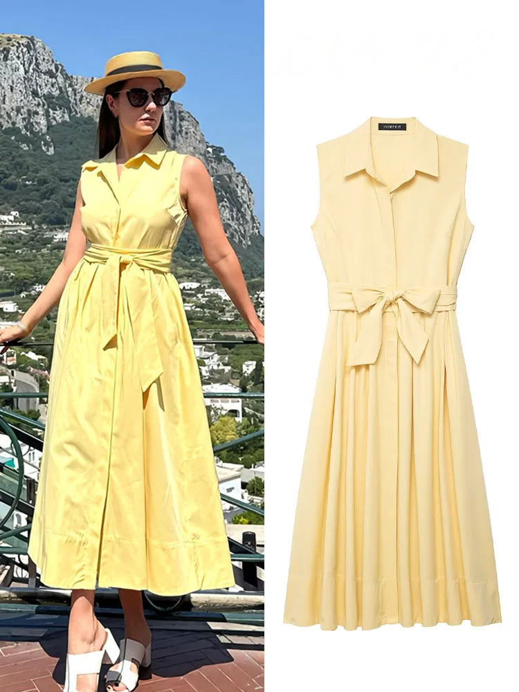 Woman wearing a yellow dress with a mountainous background, next to an image of the same dress.