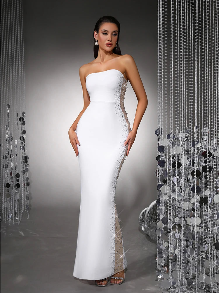 Strapless pearl embellished bodycon maxi dress with side mesh paneling