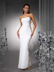 Strapless pearl embellished bodycon maxi dress with side mesh paneling