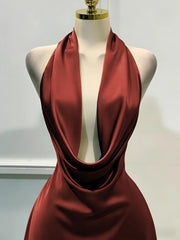 Satin Halter Neck Cowl Neck Mini Dress