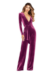 Wine Velvet Elastic Deep V-belt Jumpsuit