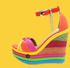 Rainbow Bowknot Hemp Bottom Ankle Buckle Platform Shoes