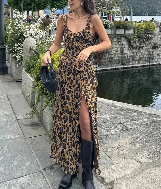 Leopard Fold Print V-Neck Sleeveless Long Dress