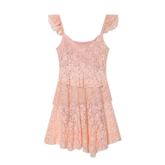 Pink lace mini dress with flutter sleeves and asymmetrical hem