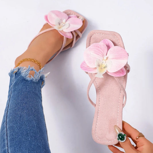 Pink floral square toe slides