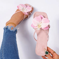 Pink floral square toe slides