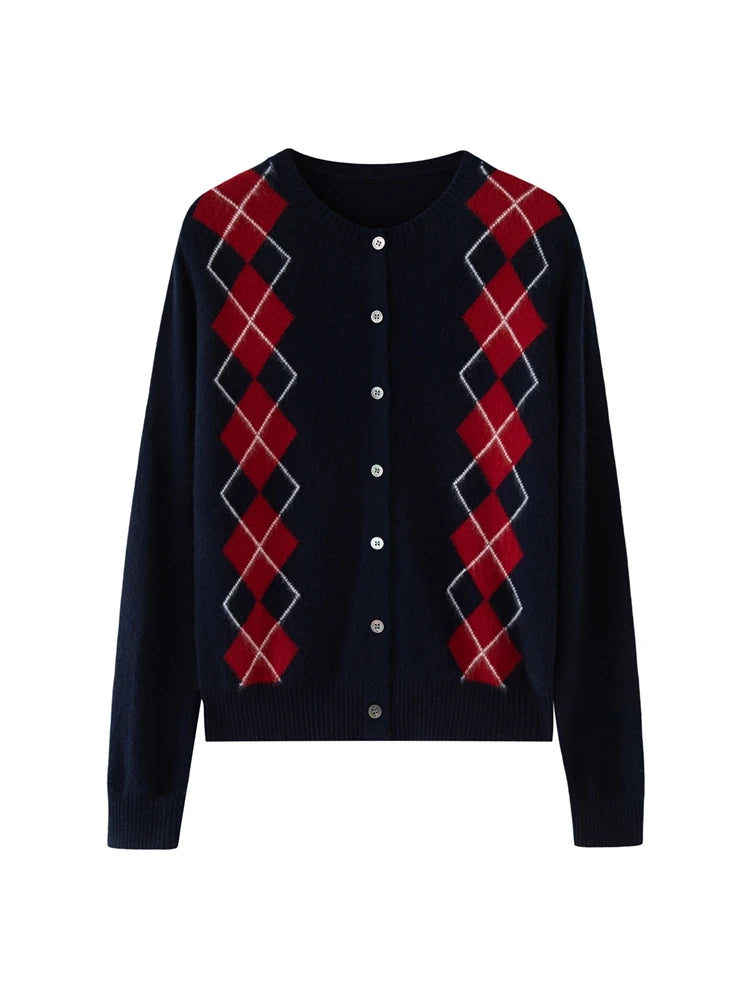 Black cardigan with red and white argyle pattern on a white background