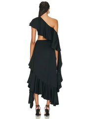 Black one-shoulder dress with ruffled layers on a white background