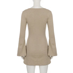 Beige Knit Square Neck Flare Sleeve Mini Dress