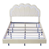 Beige Velvet Upholstered LED Platform Bed with Storage Ottoman