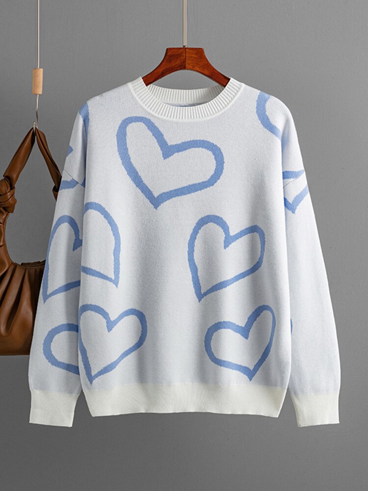 Heart Contrast Color Women Knitted Oversized Sweater