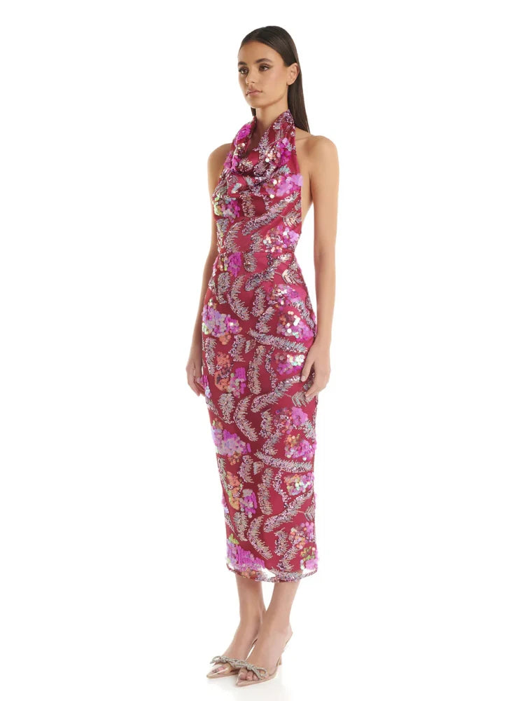 Pink sequin formal midi dress with refined draped bodice