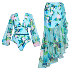 One-Shoulder Swimsuit with Oversized Flower Detail and Matching Printed Sarong Set