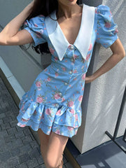 Puff Sleeve Ruffled Collar Mini Dress