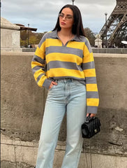 Striped Polo Collar Knit Top