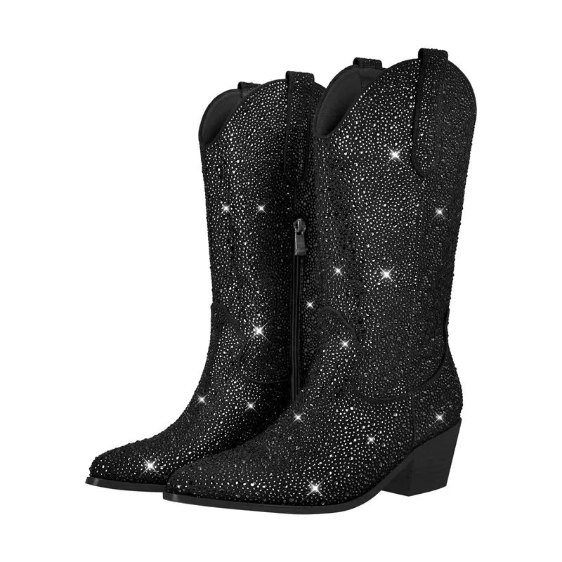 Knee High Rhinestone Glitter Bling Pointed Toe Block Heel Booties. Golden Atelier 1