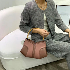 Bamboo Handle Colorblock Leather Handbag