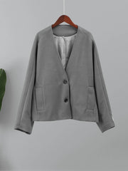 Grey V Neck Open Stitch Coat Long Sleeve Cropped Jacket