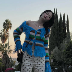 Striped Fringed Knit Cardigan