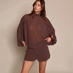 Brown polka dot turtleneck chiffon top and shorts set