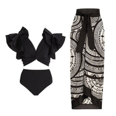Tie-Strap V-Neck One-Piece Swimsuit with Matching Sarong Set