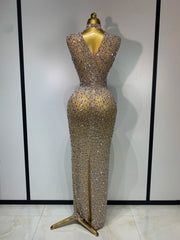 Rhinestone High Neck Sleeveless Dress