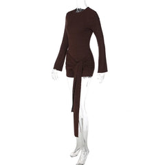 Draped Waist Tie Round Neck Long Sleeve Romper