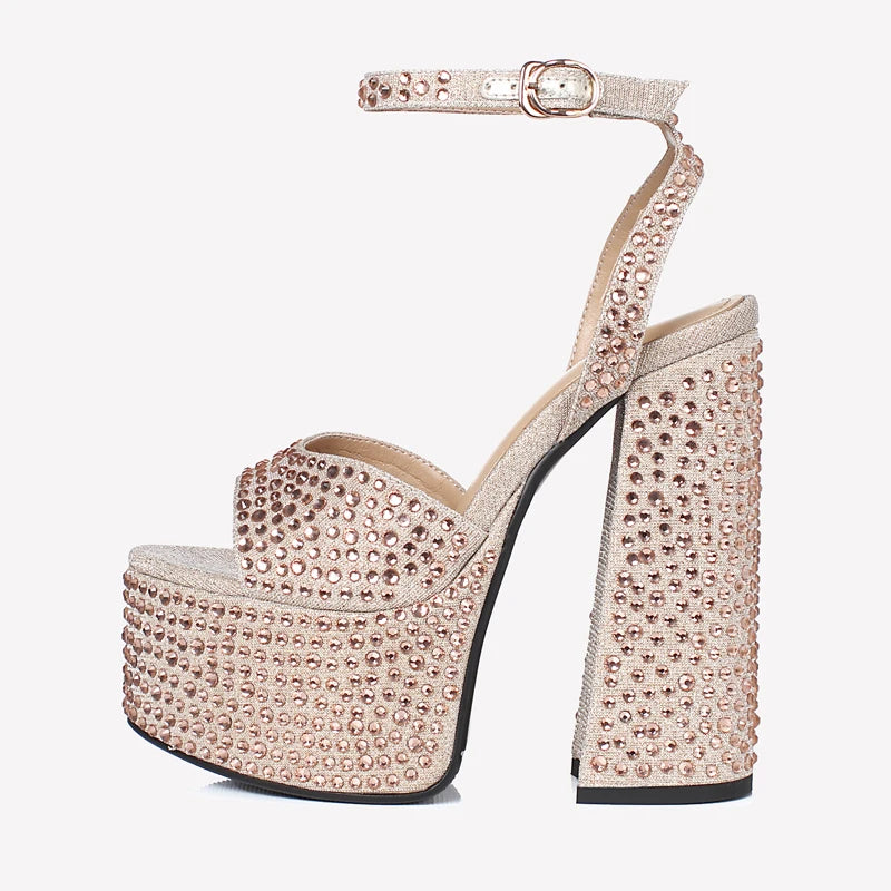 Side view of champagne crystal embellished platform high heel sandals