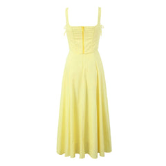 Solid Yellow Slit Strapless Midi Dress Cross Lacing up Top Set