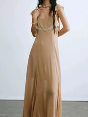 Square Neck Ruffled Lace Trim Maxi Dress